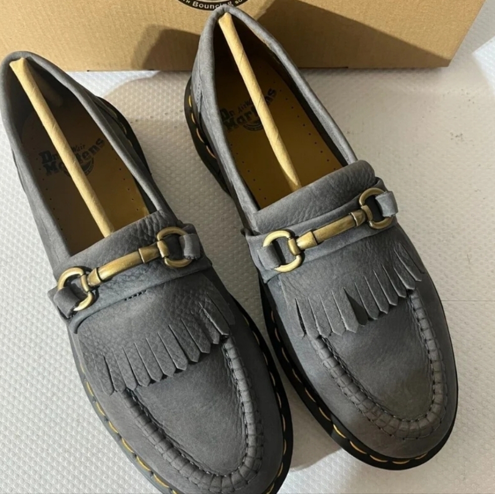 Dr. Martens Gray Leather Adrian Kiltie Fringe Loafers with Gold Accents